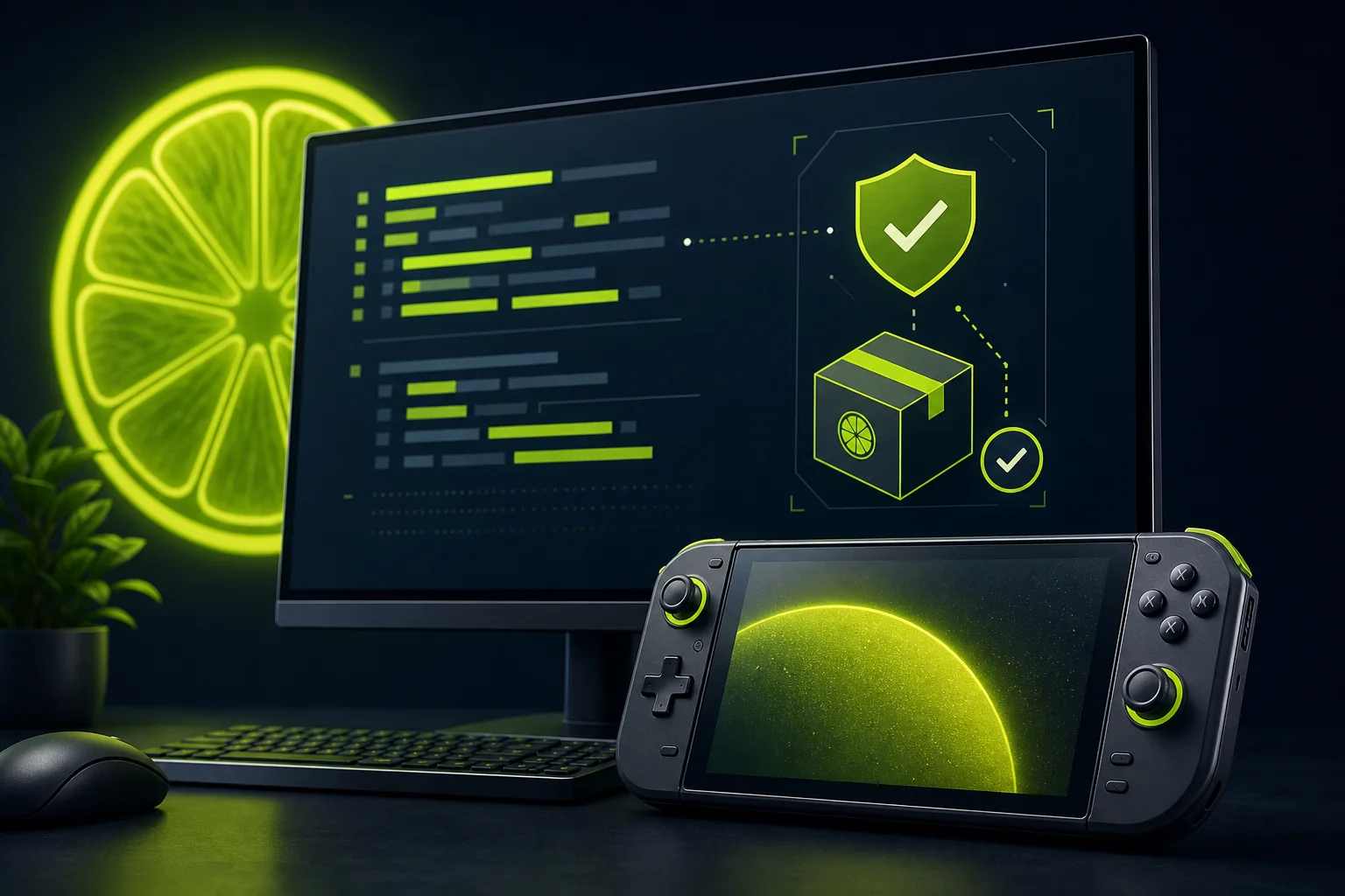 Editorial illustration of an Android handheld beside a verified software package workflow