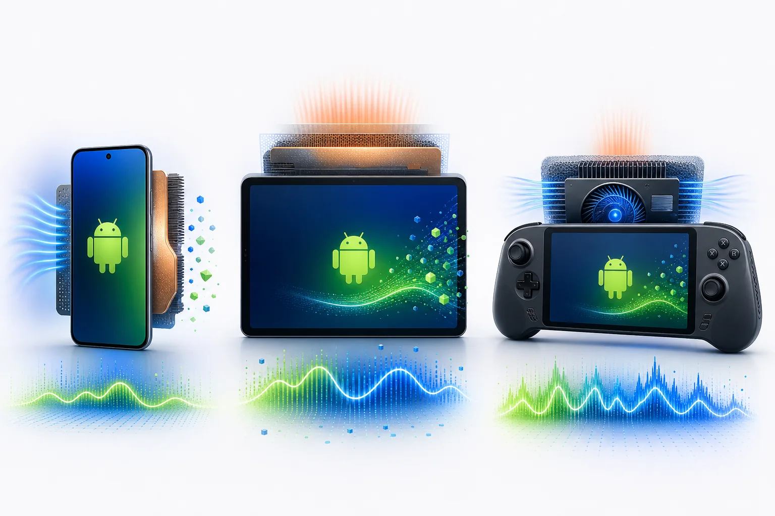 Editorial comparison of a phone, tablet, and Android handheld with different cooling capacity
