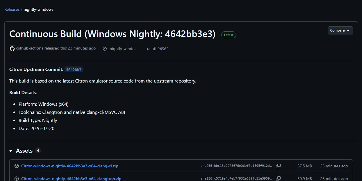 Official Citron CI Windows nightly release describing Clangtron and clang-cl MSVC ABI toolchains