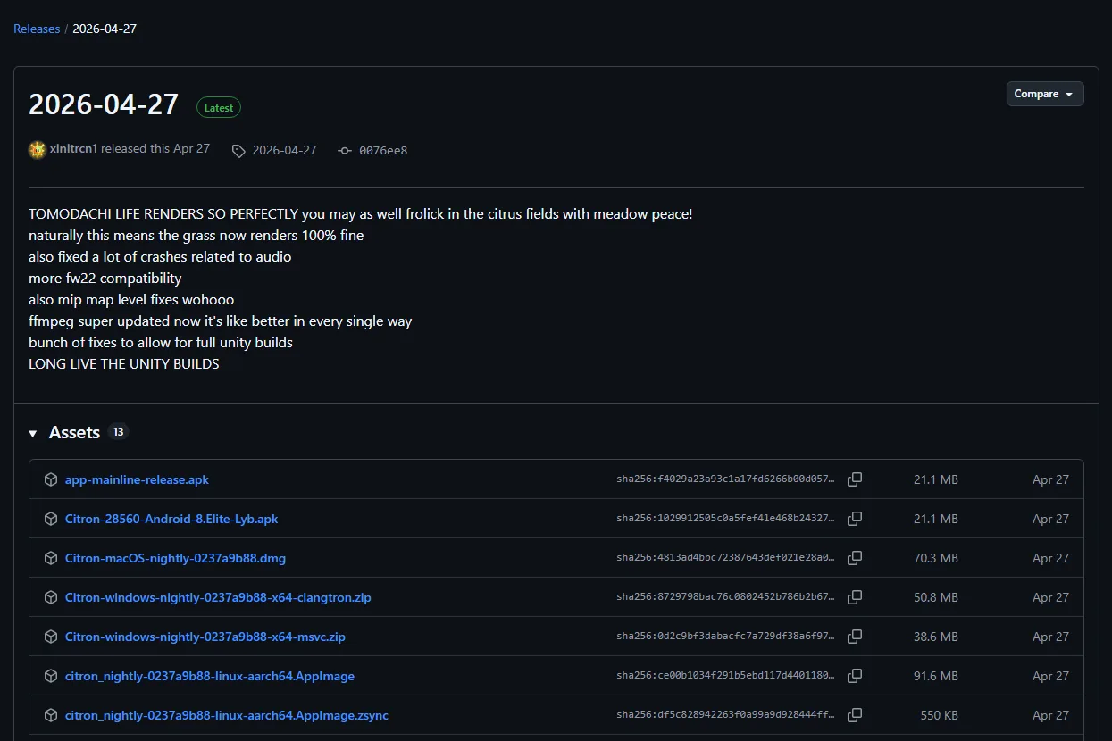 Official Citron Neo GitHub stable release assets showing Clangtron and MSVC Windows ZIP files
