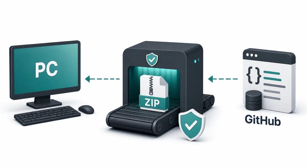 Editorial illustration of a Windows PC Citron emulator ZIP download passing through a GitHub safety check