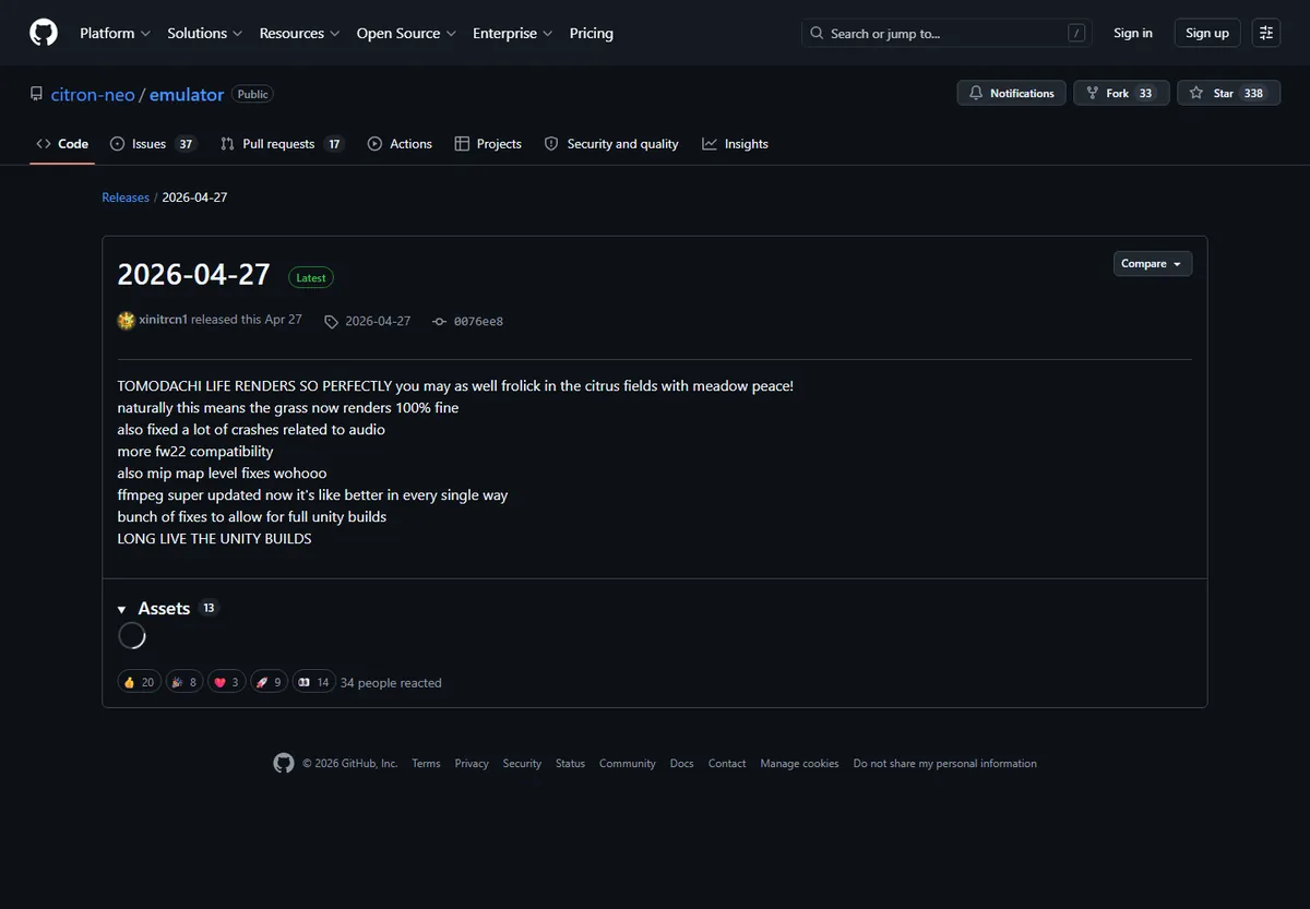 Official GitHub Citron release page dated 2026-04-27 with compatibility and crash-fix notes