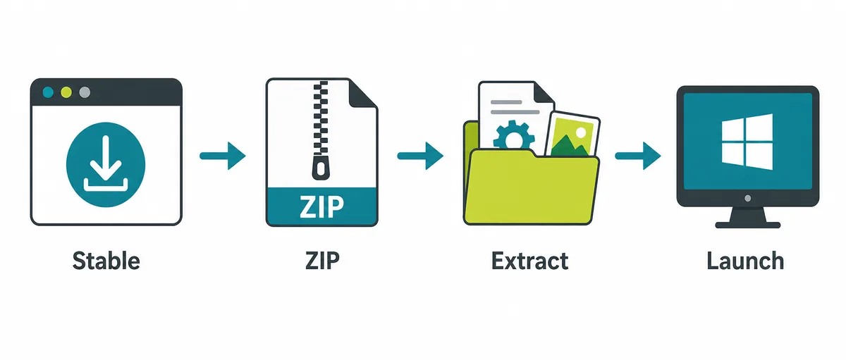 Editorial step flow showing stable release, ZIP download, extraction, and Windows launch