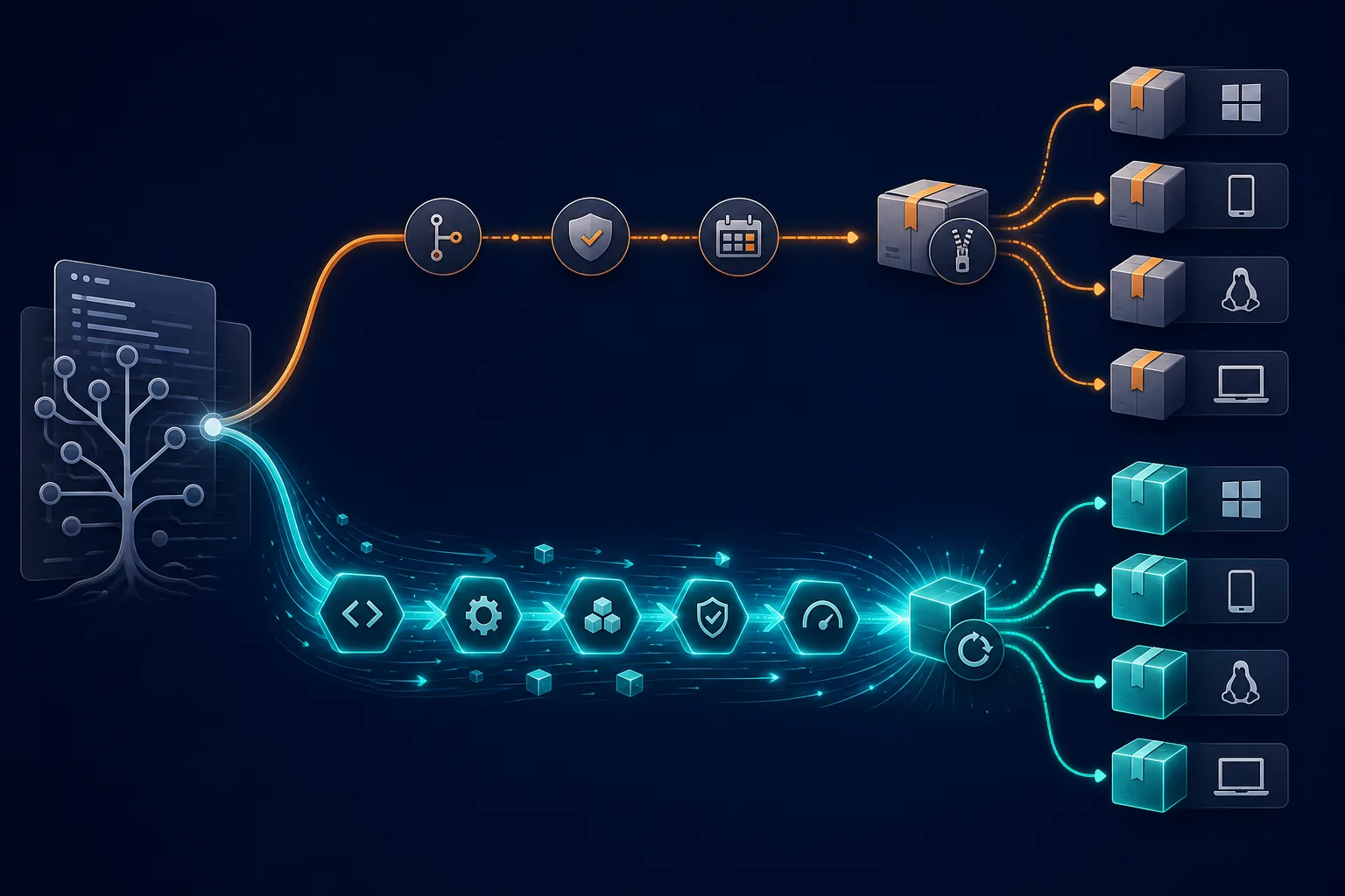 Editorial illustration of a release page with stable and nightly asset branches