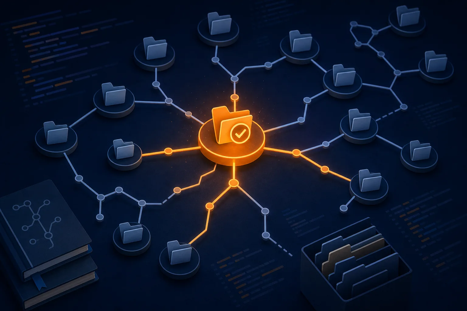 Editorial illustration of a verified source repository connected to organized release folders