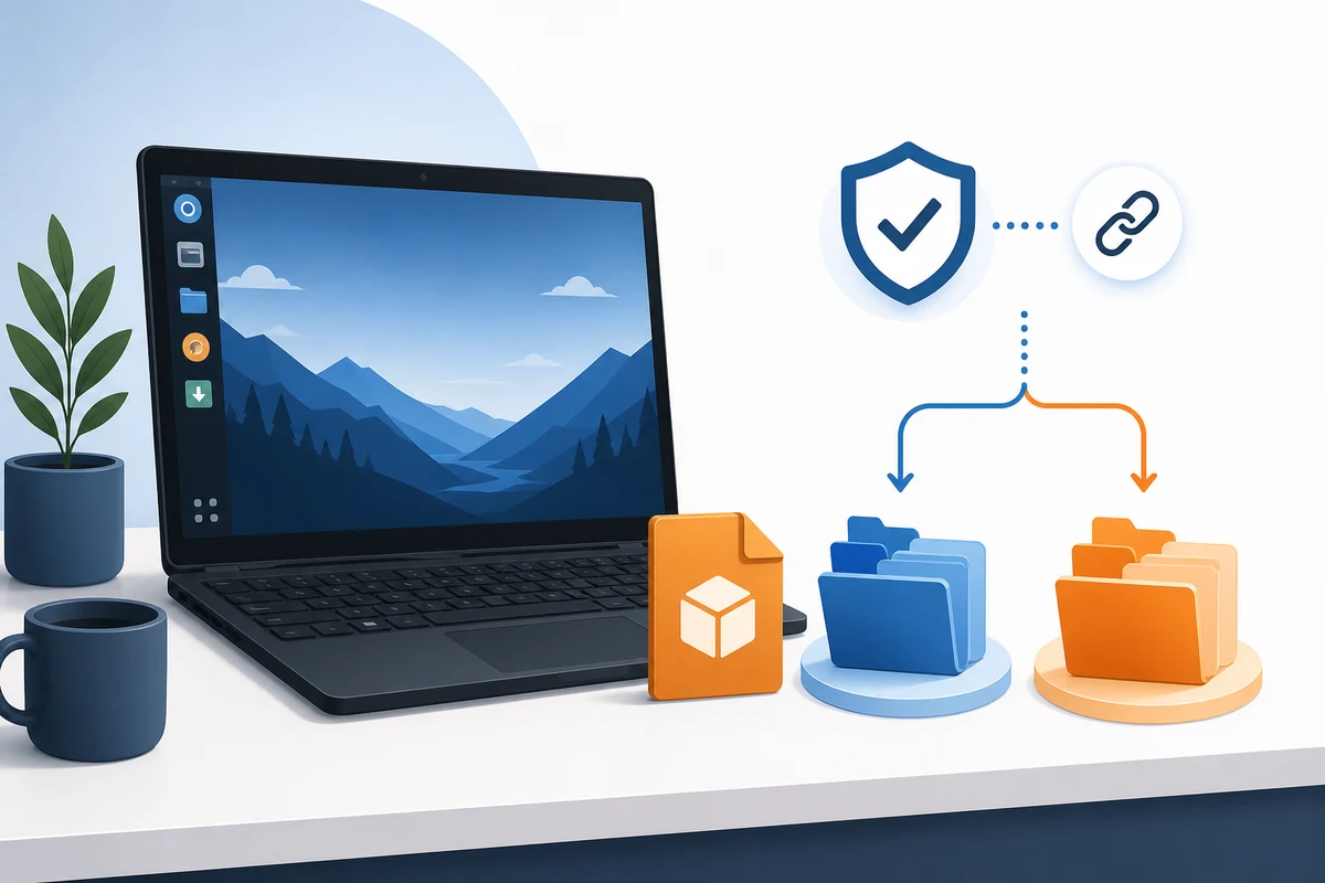 Editorial illustration of a Linux laptop, AppImage package, source verification shield, and separate stable and nightly folders