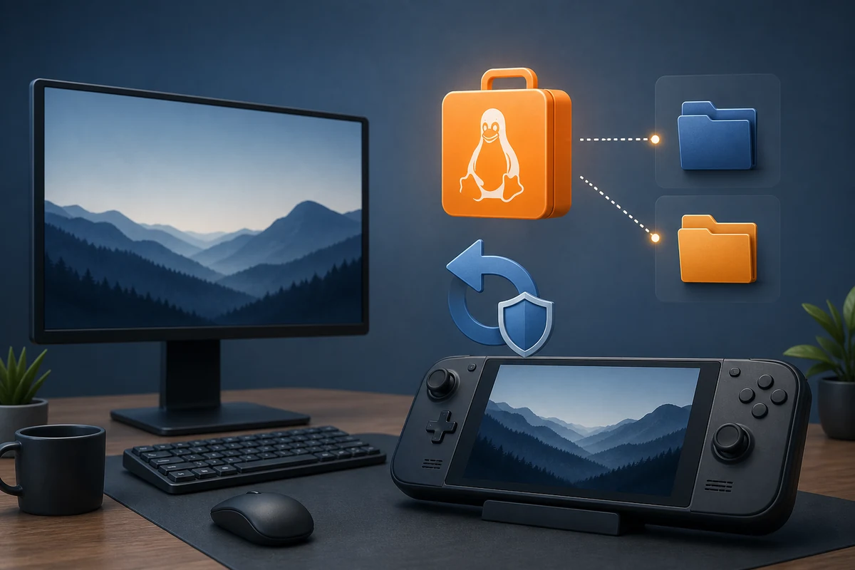 Editorial illustration of a Linux desktop, generic handheld, AppImage package, stable and nightly folders, and rollback shield