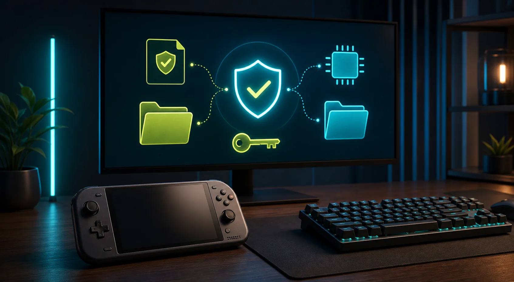 Editorial illustration of privately backed up keys and firmware moving from an owned console to a secure PC folder