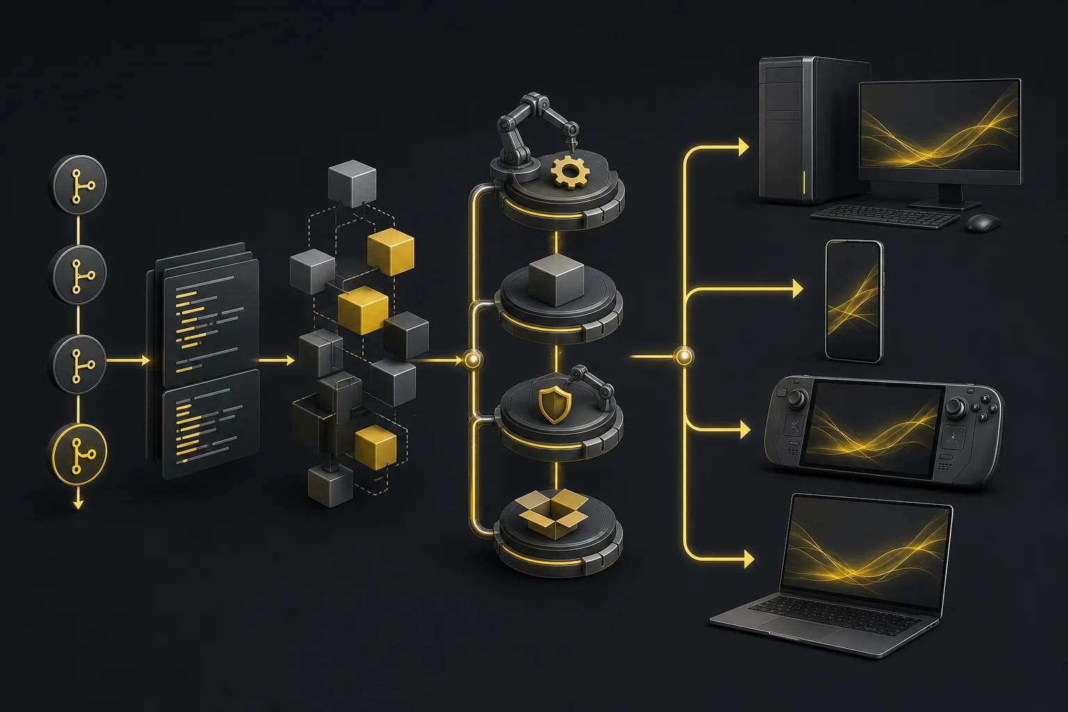 Editorial illustration of a nightly build pipeline for Citron Neo across multiple platforms