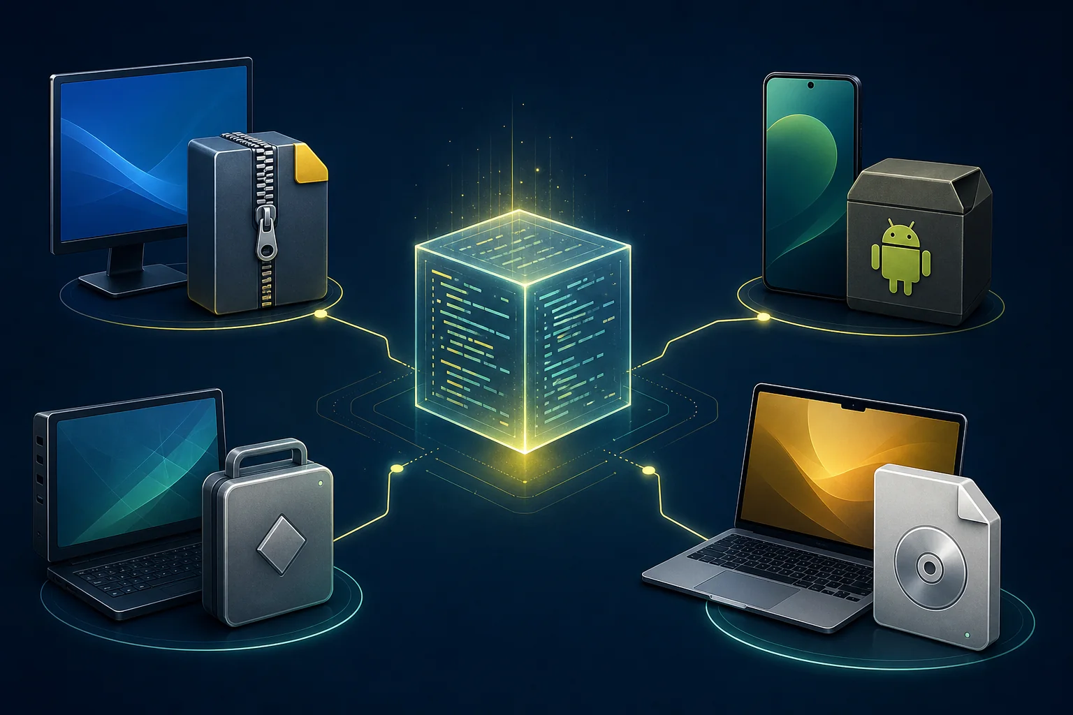 Editorial illustration of Citron Neo nightly packages for Windows, Android, Linux, and macOS