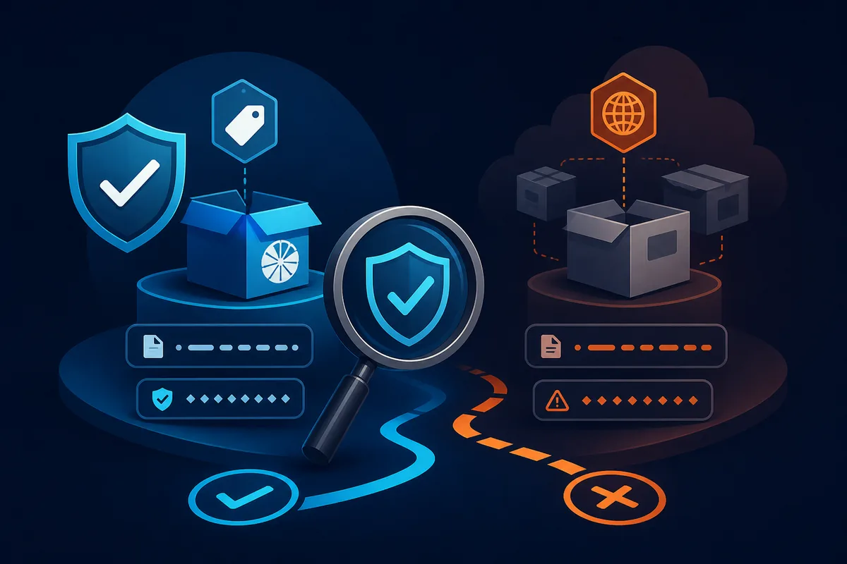 Editorial illustration showing a shield and magnifying glass separating a verified Citron download from a risky mirror
