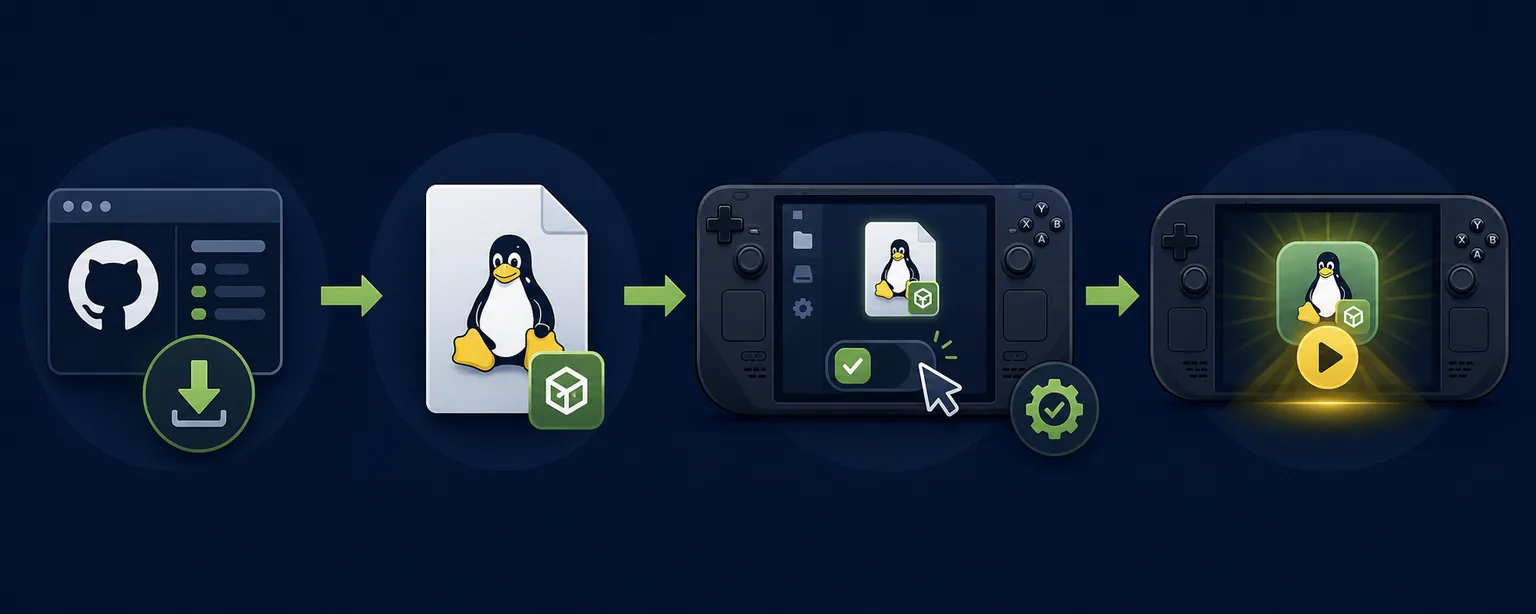 Editorial diagram showing GitHub download, Linux AppImage permission, and Steam Deck Game Mode launch