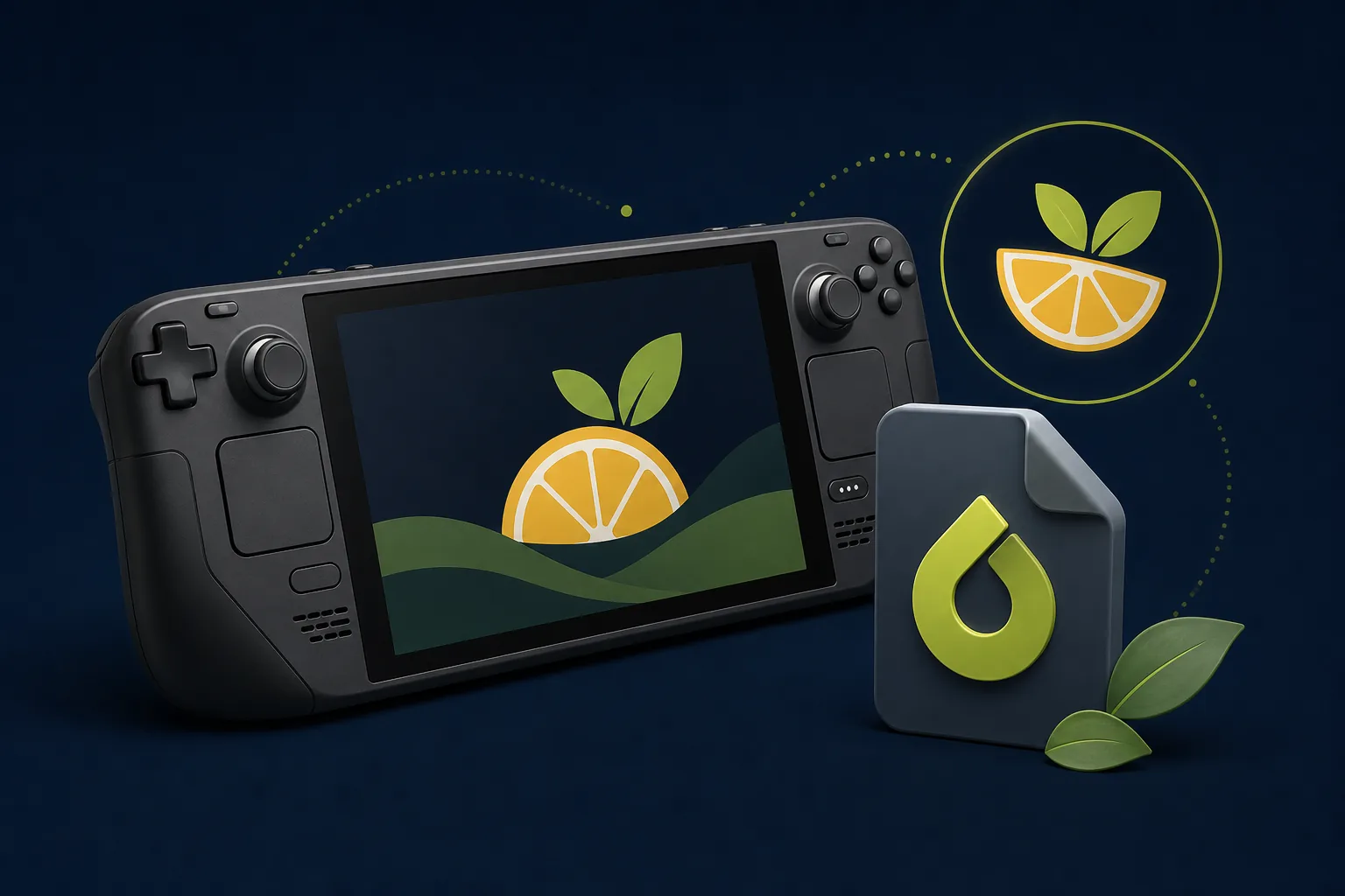 Editorial illustration of Citron Emulator installation on a Steam Deck handheld