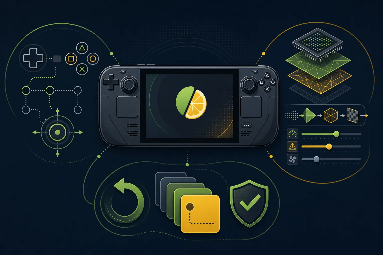 Editorial Citron Steam Deck diagram for controller mapping, Vulkan tuning, and safe rollback